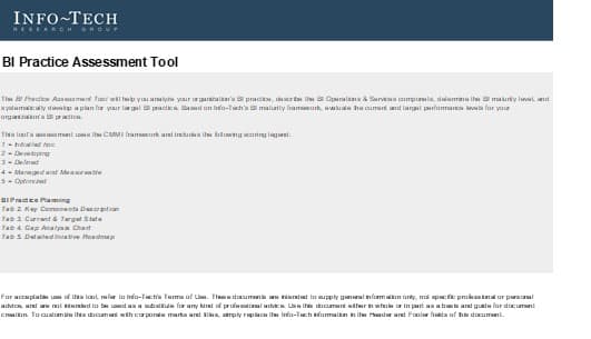 The image contains a screenshot of the BI Practice Assessment Tool.