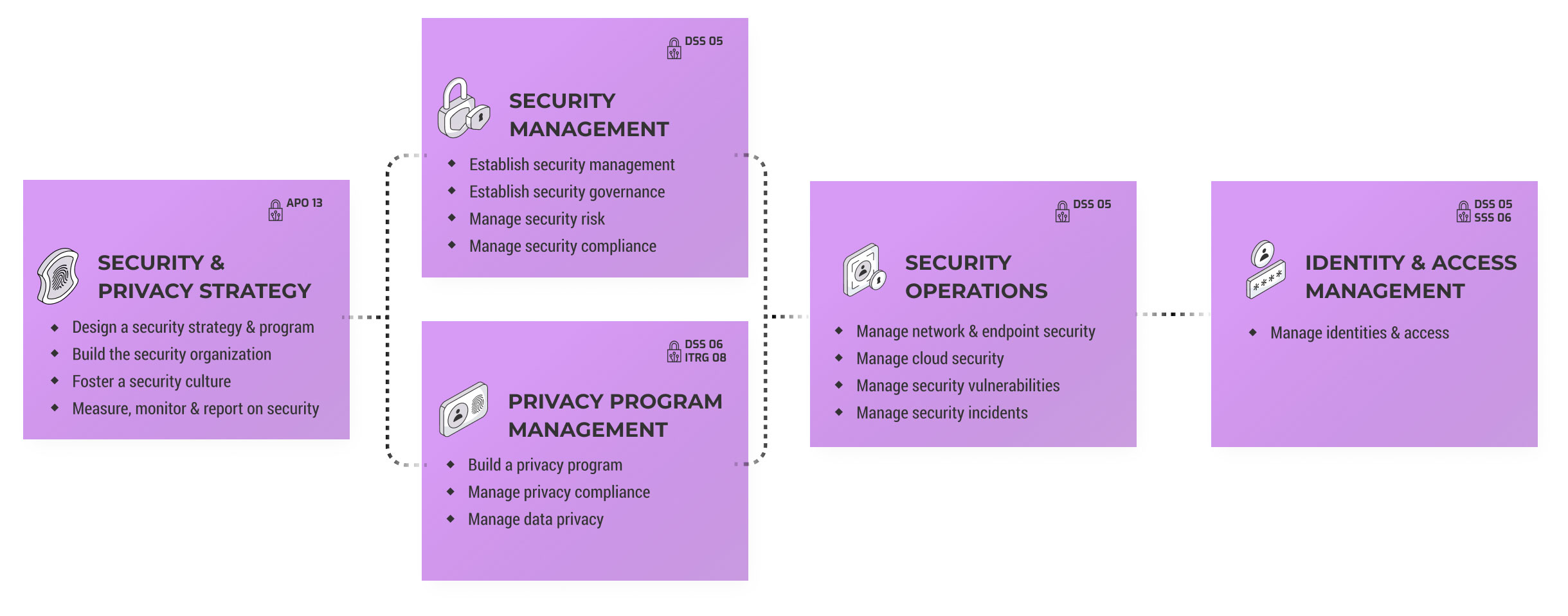 Security & Privacy Strategy, Security Management, Privacy Program management, Security Operations, Identity & Access Management