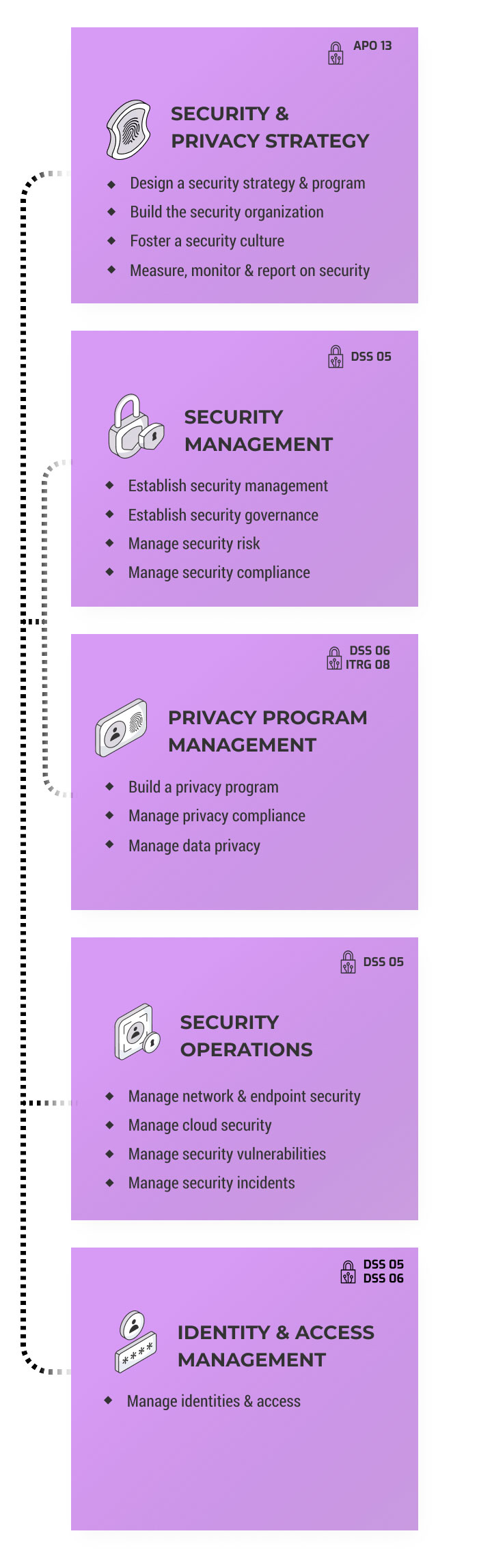 Security & Privacy Strategy, Security Management, Privacy Program management, Security Operations, Identity & Access Management